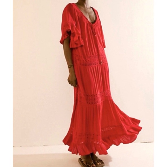 Free People bohemian whimsy fairy flowing oversized  Red Maxi Dress small - Picture 2 of 10